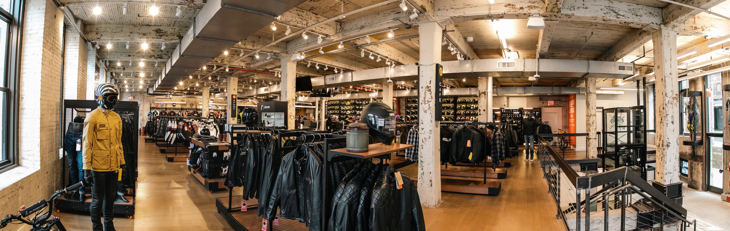 Panoramic view of the RevZilla Brooklyn showroom floor